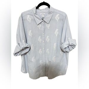 Croft & Barrow 2X Embroidered Roll Cuff Button Shirt Stripe Cotton Coastal